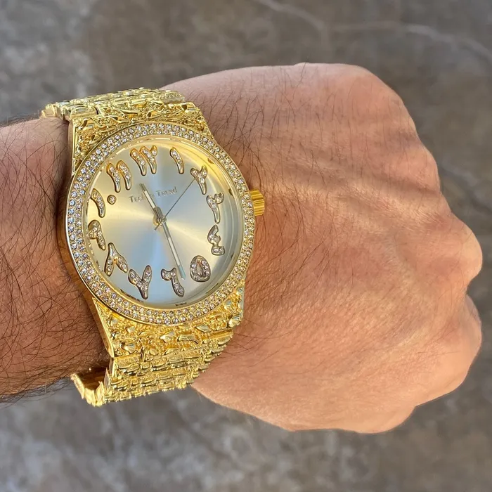 PreStyled Sets Bling Cartel Arabic Numerals Gold Finish Gold Face Dial Iced Nugget Watch PreStyled Sets Bling Cartel Arabic Numerals Gold Finish Gold Face Dial Iced Nugget Watch