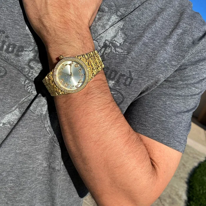 PreStyled Sets Bling Cartel Arabic Numerals Gold Finish Gold Face Dial Iced Nugget Watch PreStyled Sets Bling Cartel Arabic Numerals Gold Finish Gold Face Dial Iced Nugget Watch