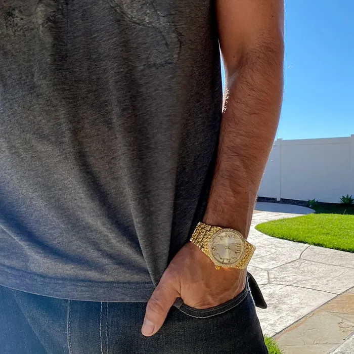 PreStyled Sets Bling Cartel Arabic Numerals Gold Finish Gold Face Dial Iced Nugget Watch PreStyled Sets Bling Cartel Arabic Numerals Gold Finish Gold Face Dial Iced Nugget Watch