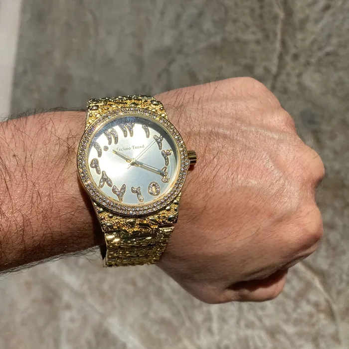 PreStyled Sets Bling Cartel Arabic Numerals Gold Finish Gold Face Dial Iced Nugget Watch PreStyled Sets Bling Cartel Arabic Numerals Gold Finish Gold Face Dial Iced Nugget Watch