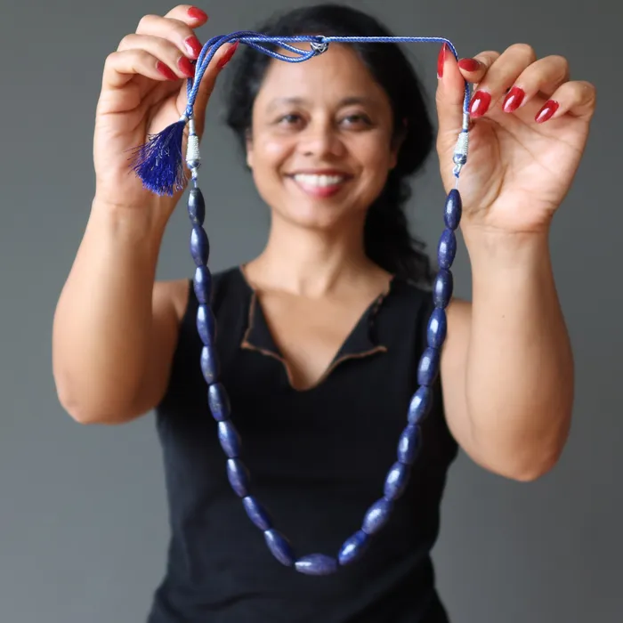 Satin Crystals Necklaces Lapis Necklace Blue Beaded Statement Stone