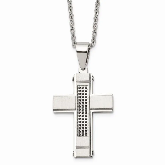 Stainless Steel Brushed and Polished w Black CZ Cross Necklace Chisel Necklaces Stainless Steel Brushed and Polished w Black CZ Cross Necklace Chisel Necklaces