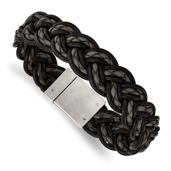 Stainless Steel Brushed Black and Grey Woven Leather Bracelet Chisel Bracelets Stainless Steel Brushed Black and Grey Woven Leather Bracelet Chisel Bracelets