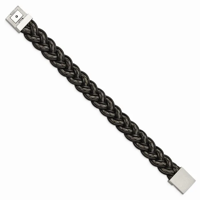 Stainless Steel Brushed Black and Grey Woven Leather Bracelet Chisel Bracelets Stainless Steel Brushed Black and Grey Woven Leather Bracelet Chisel Bracelets