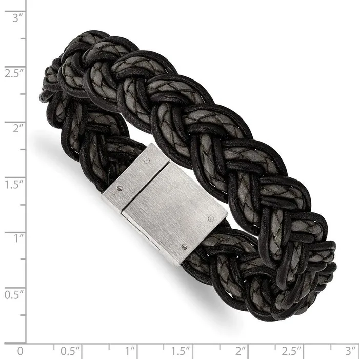 Stainless Steel Brushed Black and Grey Woven Leather Bracelet Chisel Bracelets Stainless Steel Brushed Black and Grey Woven Leather Bracelet Chisel Bracelets
