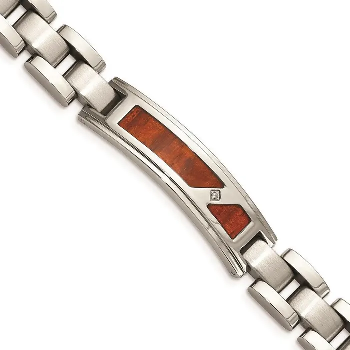 Stainless Steel Brushed Polished w Wood Inlay and CZ Bracelet Chisel Bracelets Stainless Steel Brushed Polished w Wood Inlay and CZ Bracelet Chisel Bracelets