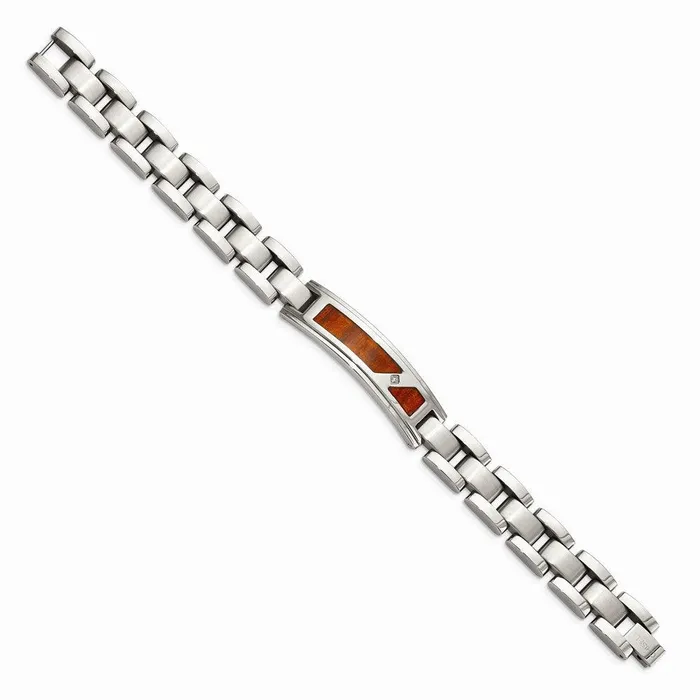 Stainless Steel Brushed Polished w Wood Inlay and CZ Bracelet Chisel Bracelets Stainless Steel Brushed Polished w Wood Inlay and CZ Bracelet Chisel Bracelets