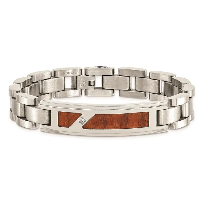 Stainless Steel Brushed Polished w Wood Inlay and CZ Bracelet Chisel Bracelets Stainless Steel Brushed Polished w Wood Inlay and CZ Bracelet Chisel Bracelets