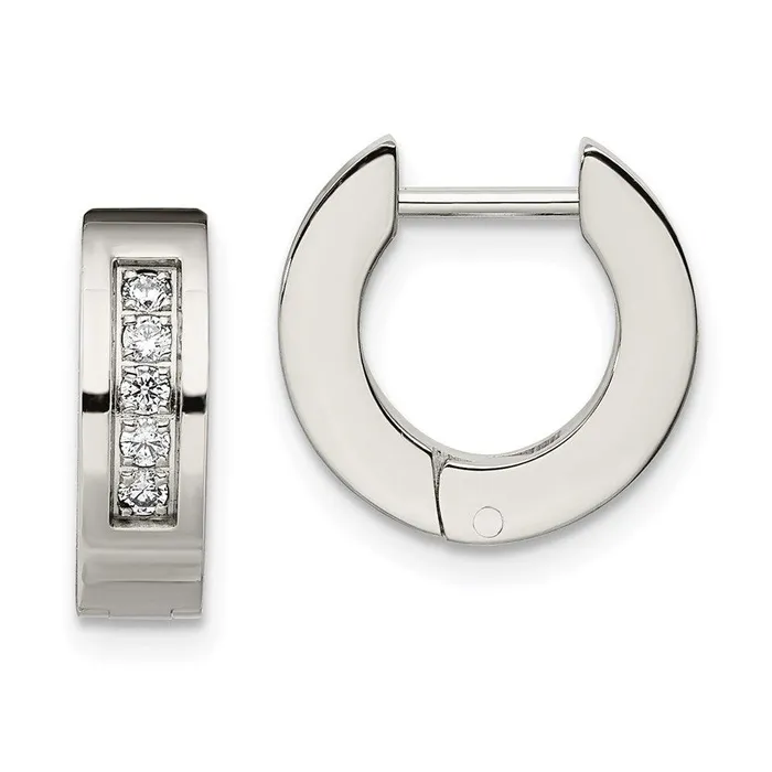 Stainless Steel CZ Polished Round Hinged Hoop Earrings Chisel Earrings