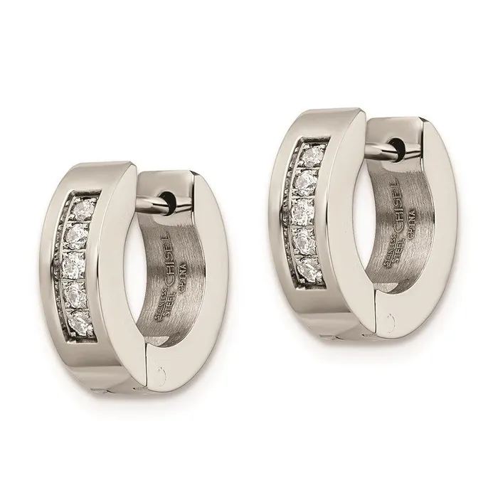 Stainless Steel CZ Polished Round Hinged Hoop Earrings Chisel Earrings Stainless Steel CZ Polished Round Hinged Hoop Earrings Chisel Earrings