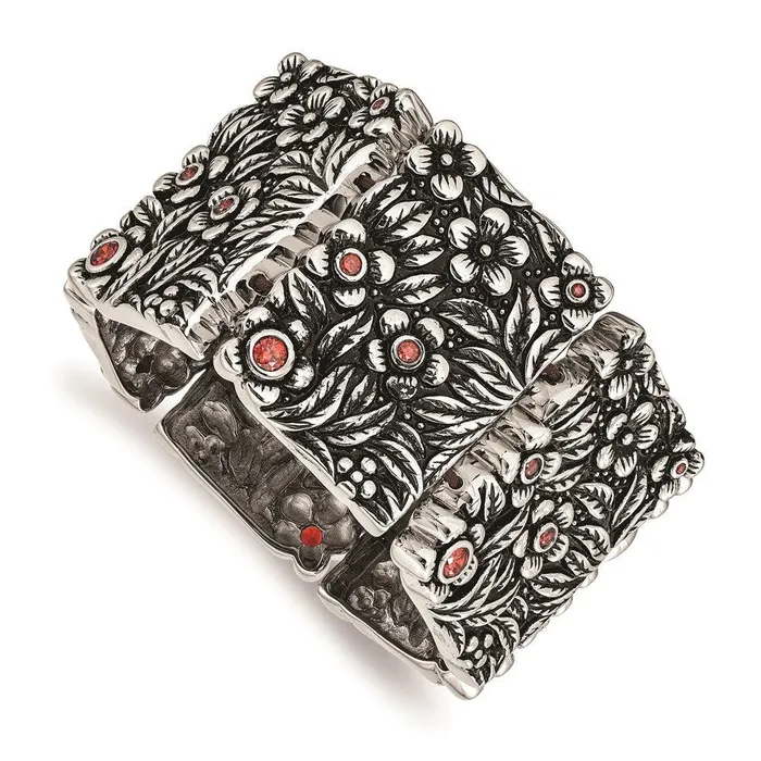 Stainless Steel PolishedAntiqued Red CZ Stretch Bracelet Chisel Bracelets