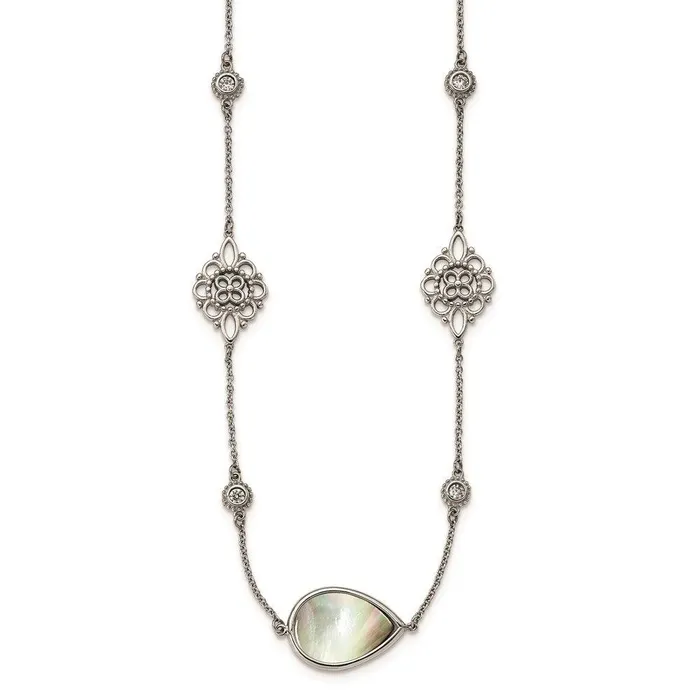 Stainless Steel Polished Black MOPCZ w3in ext Necklace Chisel Necklaces