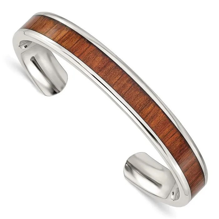 Stainless Steel Polished RedOrange Wood Inlay Bangle Chisel Bracelets