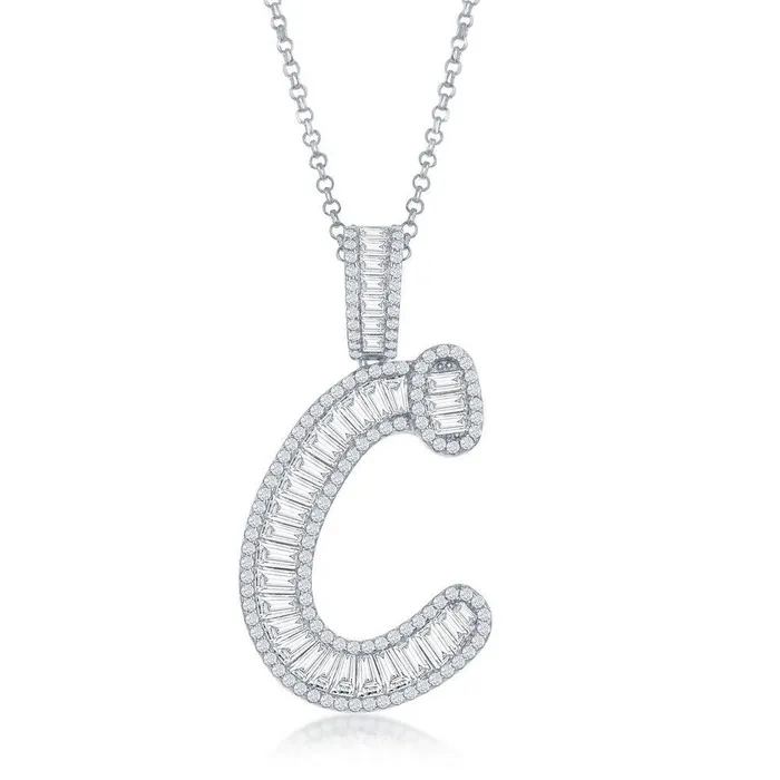 Sterling Silver C Initial Baguette CZ Pendant Chain Classic Necklaces