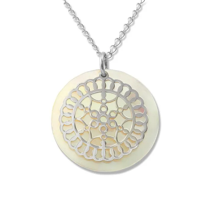 Sterling Silver Designed Circle MOP Disc Necklace Classic Necklaces