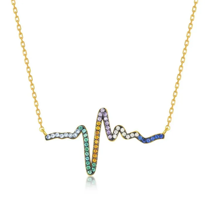 Sterling Silver Gold Plated Rainbow CZ Heartbeat Necklace Classic Necklaces Sterling Silver Gold Plated Rainbow CZ Heartbeat Necklace Classic Necklaces