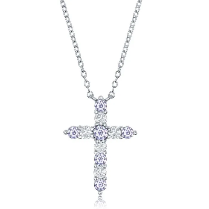 Sterling Silver Lavender CZ June Birthstone Cross Necklace Classic Necklaces Sterling Silver Lavender CZ June Birthstone Cross Necklace Classic Necklaces