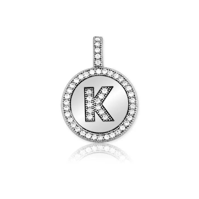 Sterling Silver Micro Pave Circle K Pendant with Chain Classic Necklaces