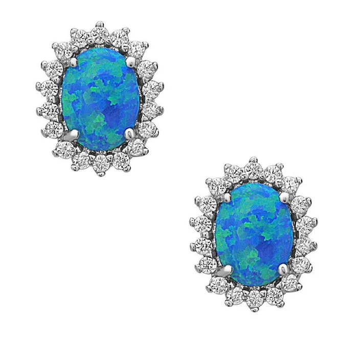 Sterling Silver Oval CZ Blue Inlay Opal Earrings Classic Earrings