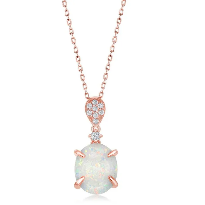 Sterling Silver Rose GP Four Prong White Inlay Opal Pendant Classic Necklaces Sterling Silver Rose GP Four Prong White Inlay Opal Pendant Classic Necklaces