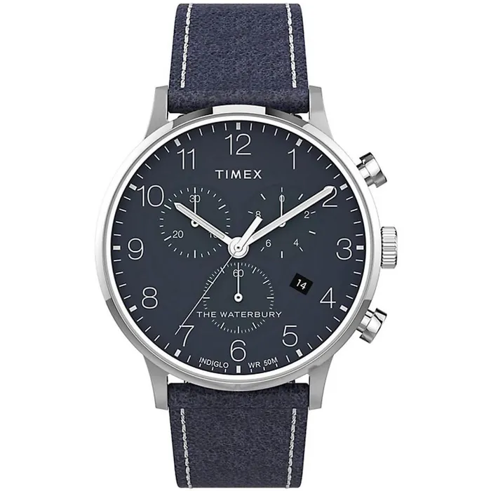 Timex Timex Mens Chronograph Watch Waterbury Blue Dial Leather Strap TW2T71300VQ Watches Timex Timex Mens Chronograph Watch Waterbury Blue Dial Leather Strap TW2T71300VQ Watches