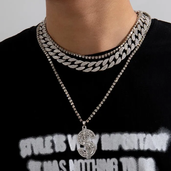 VVS Jewelry GoldSilver Cuban Tennis Dollar Sign Choker Bundle PreStyled Sets
