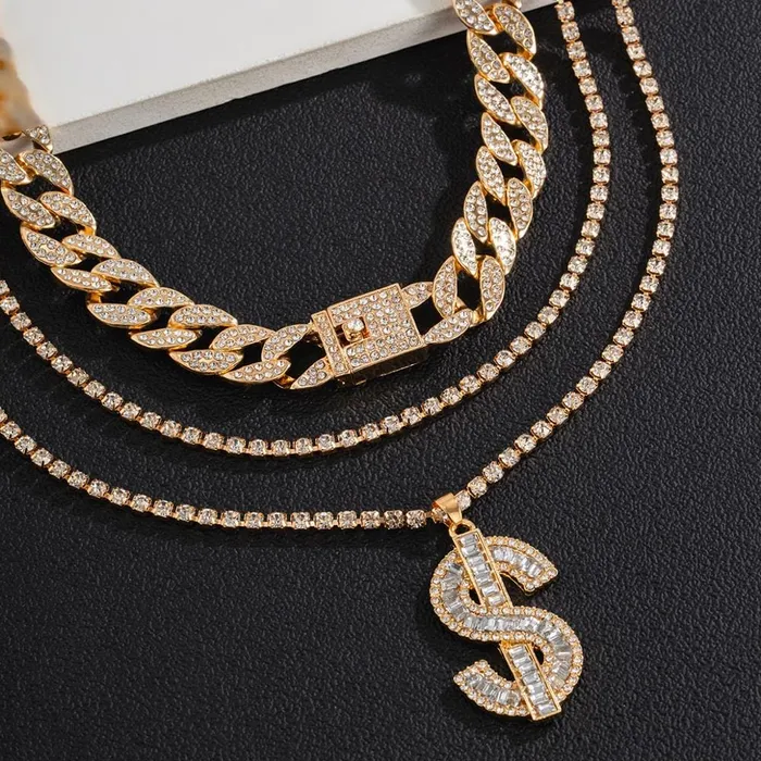 VVS Jewelry GoldSilver Cuban Tennis Dollar Sign Choker Bundle PreStyled Sets