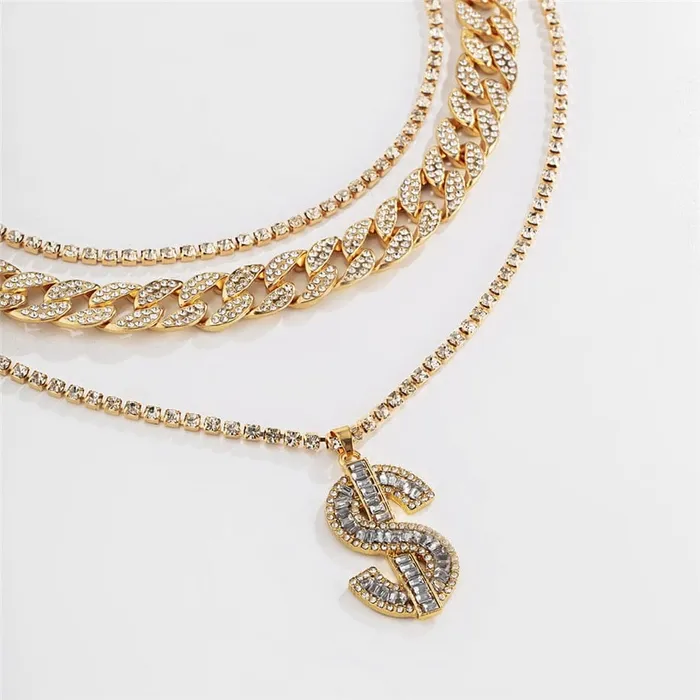 VVS Jewelry GoldSilver Cuban Tennis Dollar Sign Choker Bundle PreStyled Sets