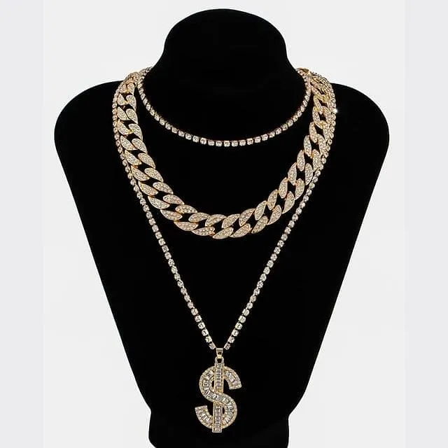 VVS Jewelry GoldSilver Cuban Tennis Dollar Sign Choker Bundle PreStyled Sets