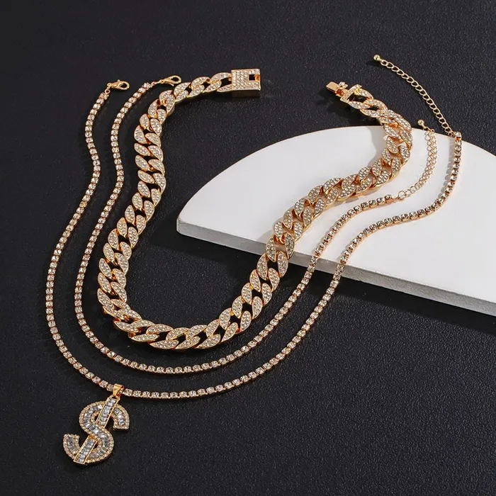 VVS Jewelry GoldSilver Cuban Tennis Dollar Sign Choker Bundle PreStyled Sets