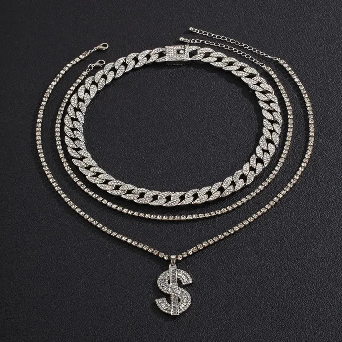 VVS Jewelry GoldSilver Cuban Tennis Dollar Sign Choker Bundle PreStyled Sets
