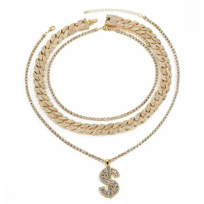 VVS Jewelry GoldSilver Cuban Tennis Dollar Sign Choker Bundle PreStyled Sets