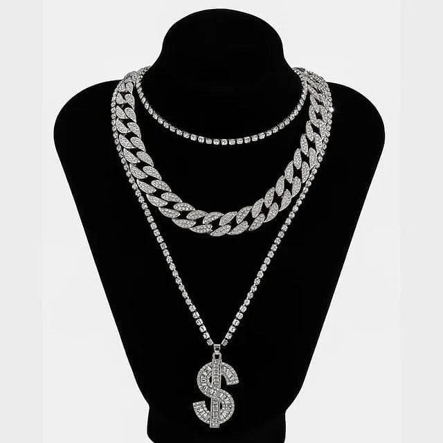 VVS Jewelry GoldSilver Cuban Tennis Dollar Sign Choker Bundle PreStyled Sets