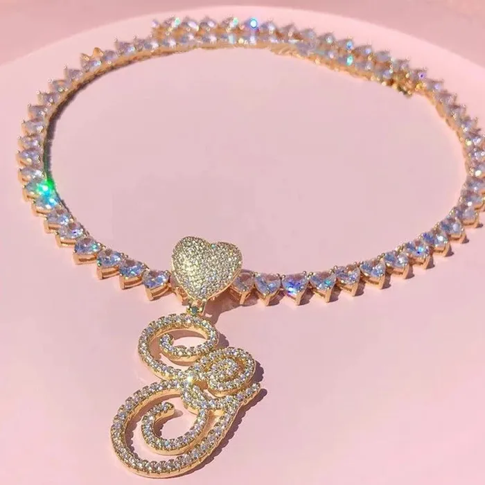 VVS Jewelry Iced Cursive Heart Initial Pendant Tennis Necklace VVS Jewelry Necklaces VVS Jewelry Iced Cursive Heart Initial Pendant Tennis Necklace VVS Jewelry Necklaces