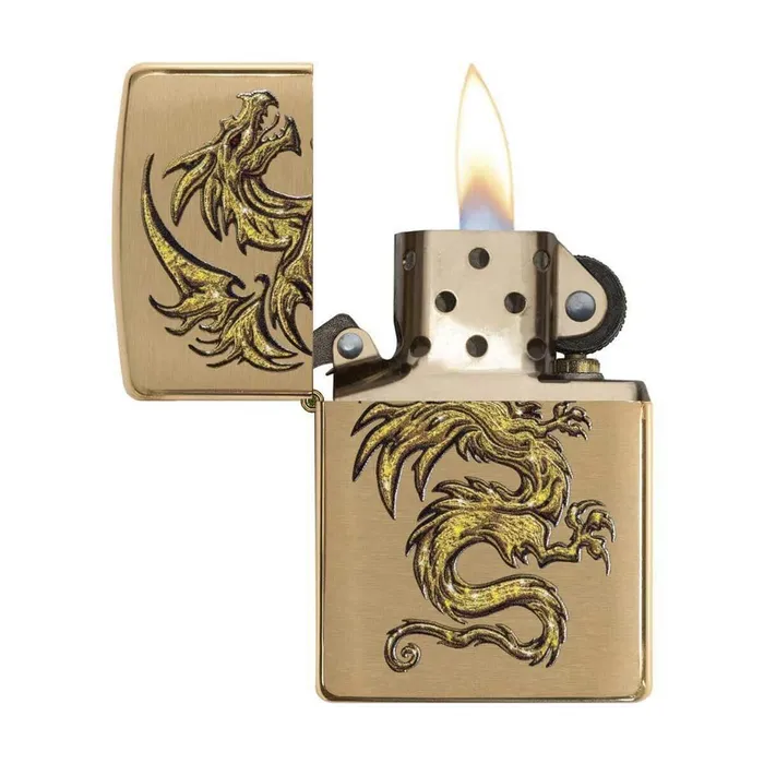 Zippo Earrings Zippo Windproof Lighter Sparkling Gold Dragon Design Brushed Brass Metal 29725