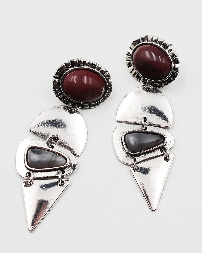 071422 Earrings Art Deco Textured Metal Stone Earrings