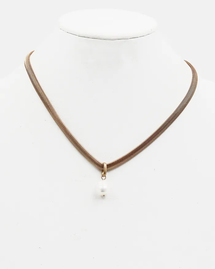 110222 Snake Chain Necklace with Pearl Charm Necklaces 110222 Snake Chain Necklace with Pearl Charm Necklaces