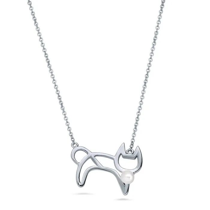 BERRICLE Necklaces Cat Imitation Pearl Necklace in Sterling Silver