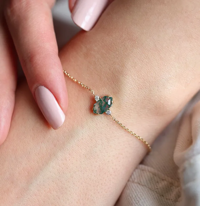 Bracelets Capucinne Hayley Hexagon Moss Agate Bracelet With Diamonds