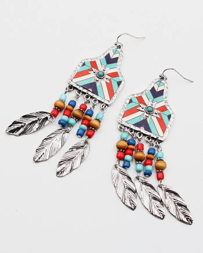 Cow Tag Shape Metal Feather Fringe Earrings 071422 Earrings