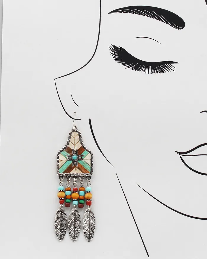 Cow Tag Shape Metal Feather Fringe Earrings 071422 Earrings Cow Tag Shape Metal Feather Fringe Earrings 071422 Earrings