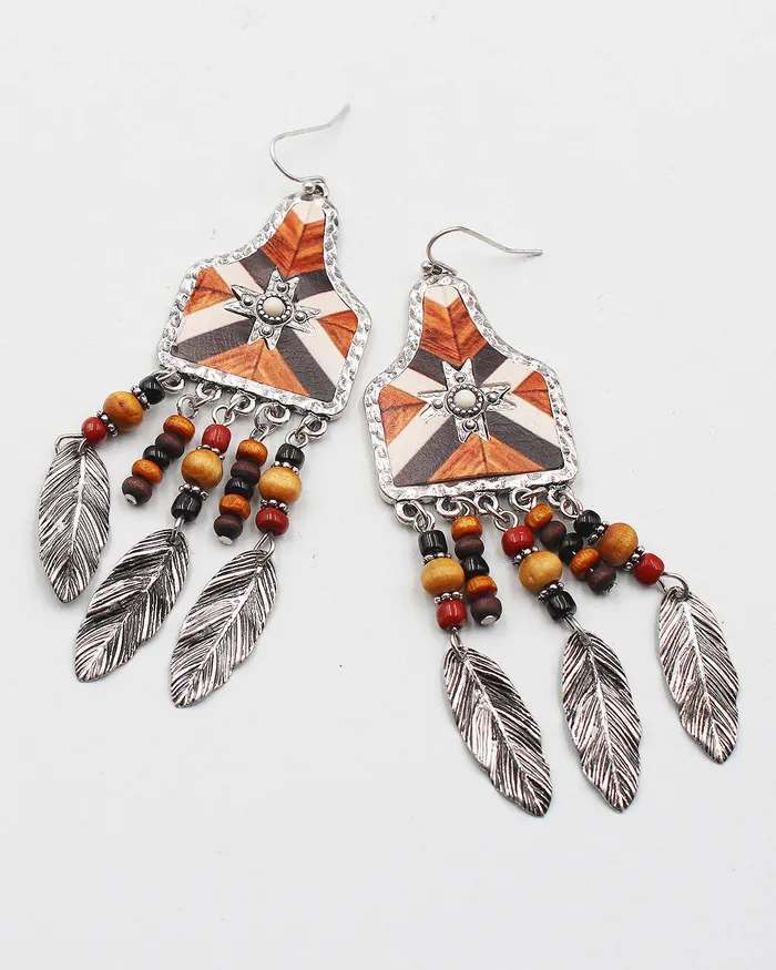 Cow Tag Shape Metal Feather Fringe Earrings 071422 Earrings Cow Tag Shape Metal Feather Fringe Earrings 071422 Earrings