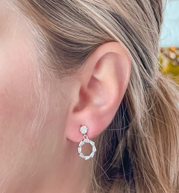 Cubic Zirconia Baguette Circle Dangle Earrings Silver Prep Obsessed SL Earrings