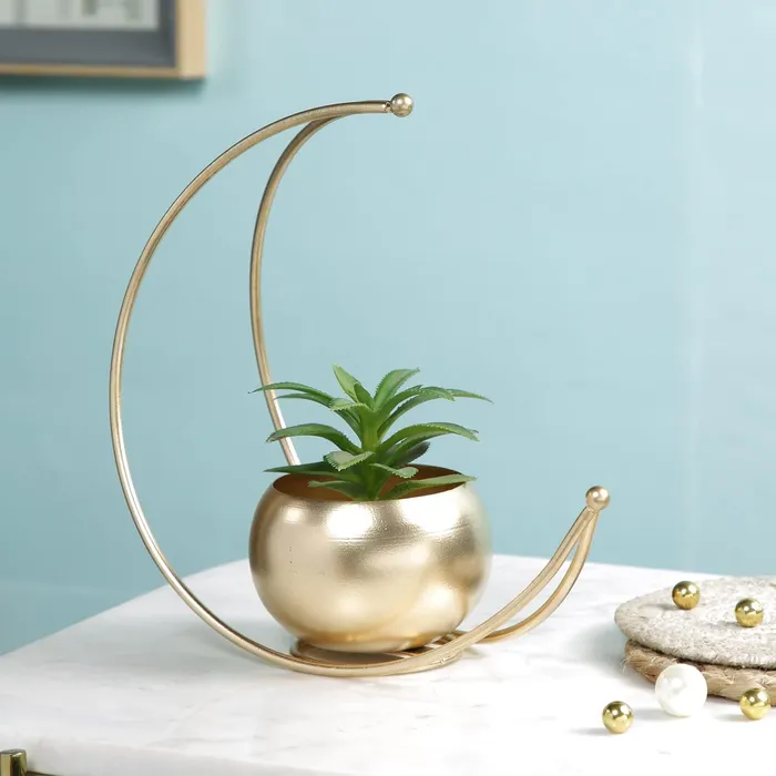 Dropshipped via Social Commerce Network Earrings YABIE ARTS Designer Flower Vase with Gold Designer Vase Gold Metal Moon Shape Flower Pot Table Decorative Flower Pot Home Decor vase