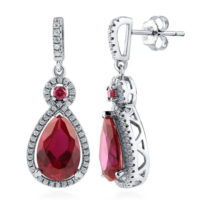 Earrings BERRICLE Halo Simulated Ruby Pear CZ Earrings in Sterling Silver