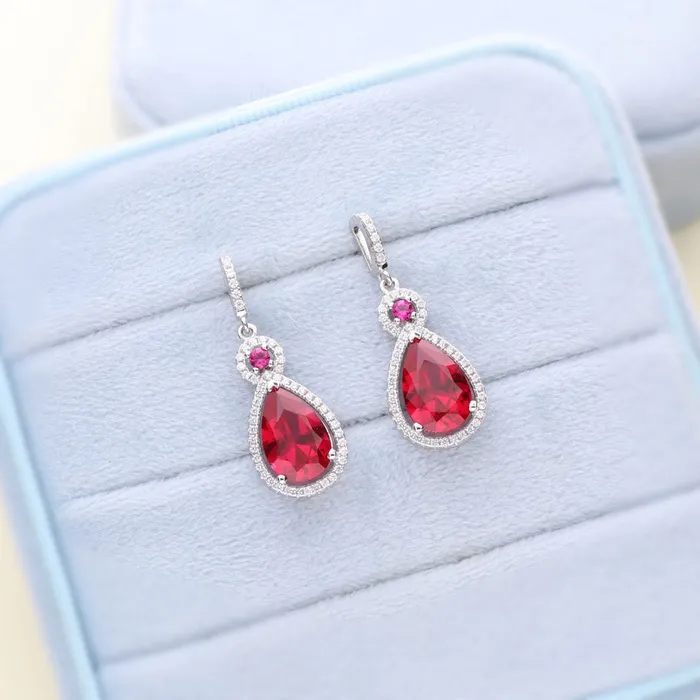 Earrings BERRICLE Halo Simulated Ruby Pear CZ Earrings in Sterling Silver