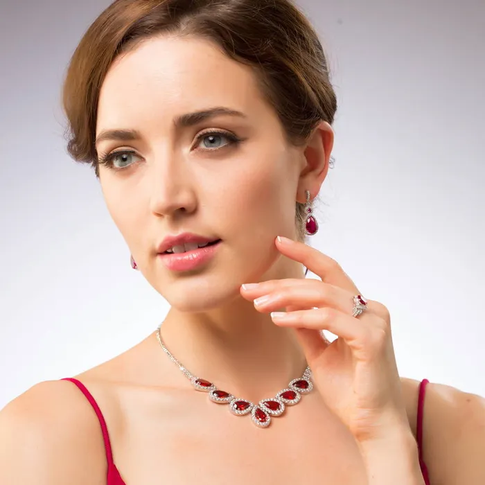 Earrings BERRICLE Halo Simulated Ruby Pear CZ Earrings in Sterling Silver