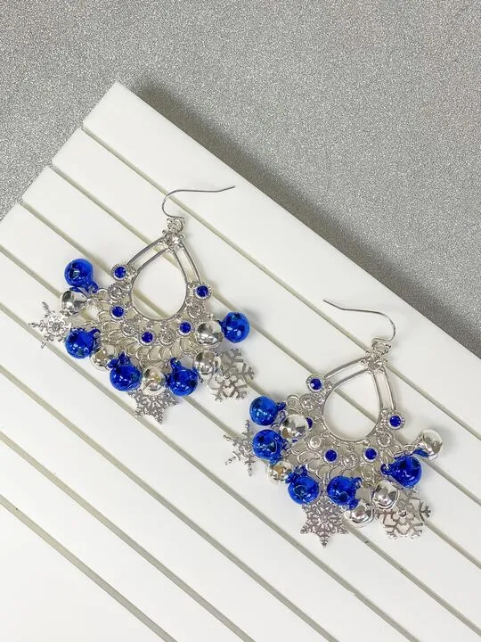 Glitzy Jingle Bell Statement Earrings Blue Silver Prep Obsessed MOA Earrings