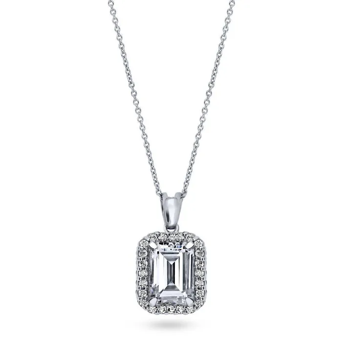 Halo Emerald Cut CZ Necklace in Sterling Silver BERRICLE Necklaces