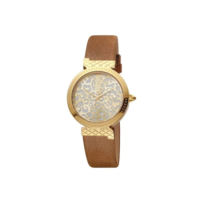 Just Cavalli Watches Just Cavalli Ladies Watch Ip Gold Case With Brown Leather Strap Animal Printed Dial